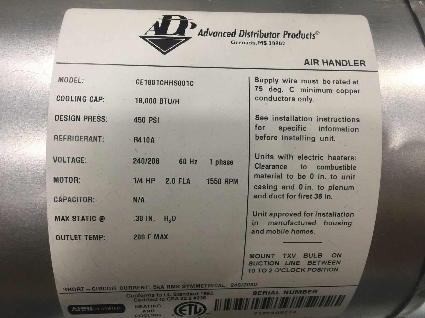 1.5 TON NOMINAL UNCASED HORIZONTAL CEILING MOUNT AIR HANDLER; 208-240V/60/1, R-410A, 600 CFM