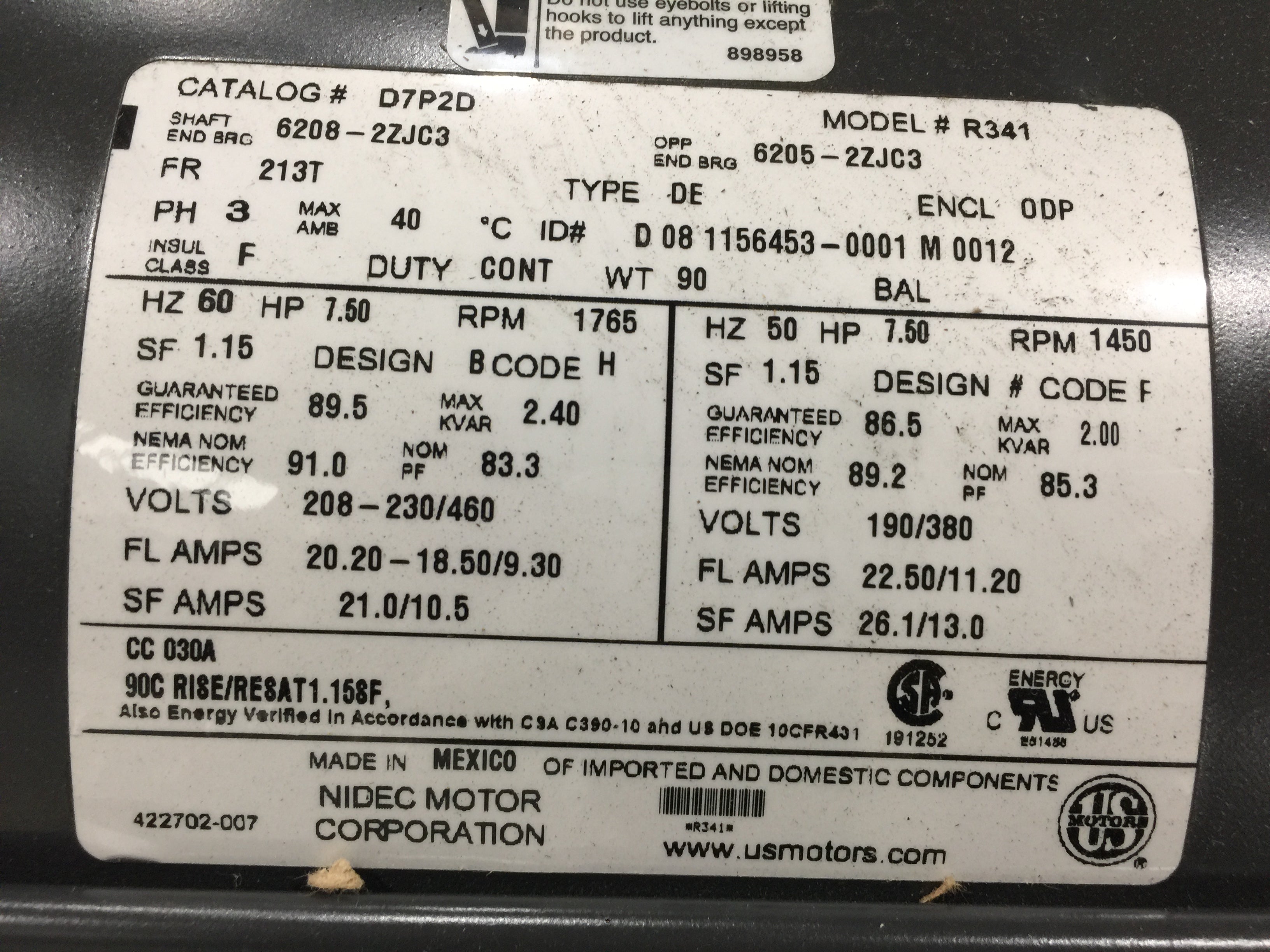 7.5 HP General Purpose Electric Motor; 208-230/460/50-60/3, 1800