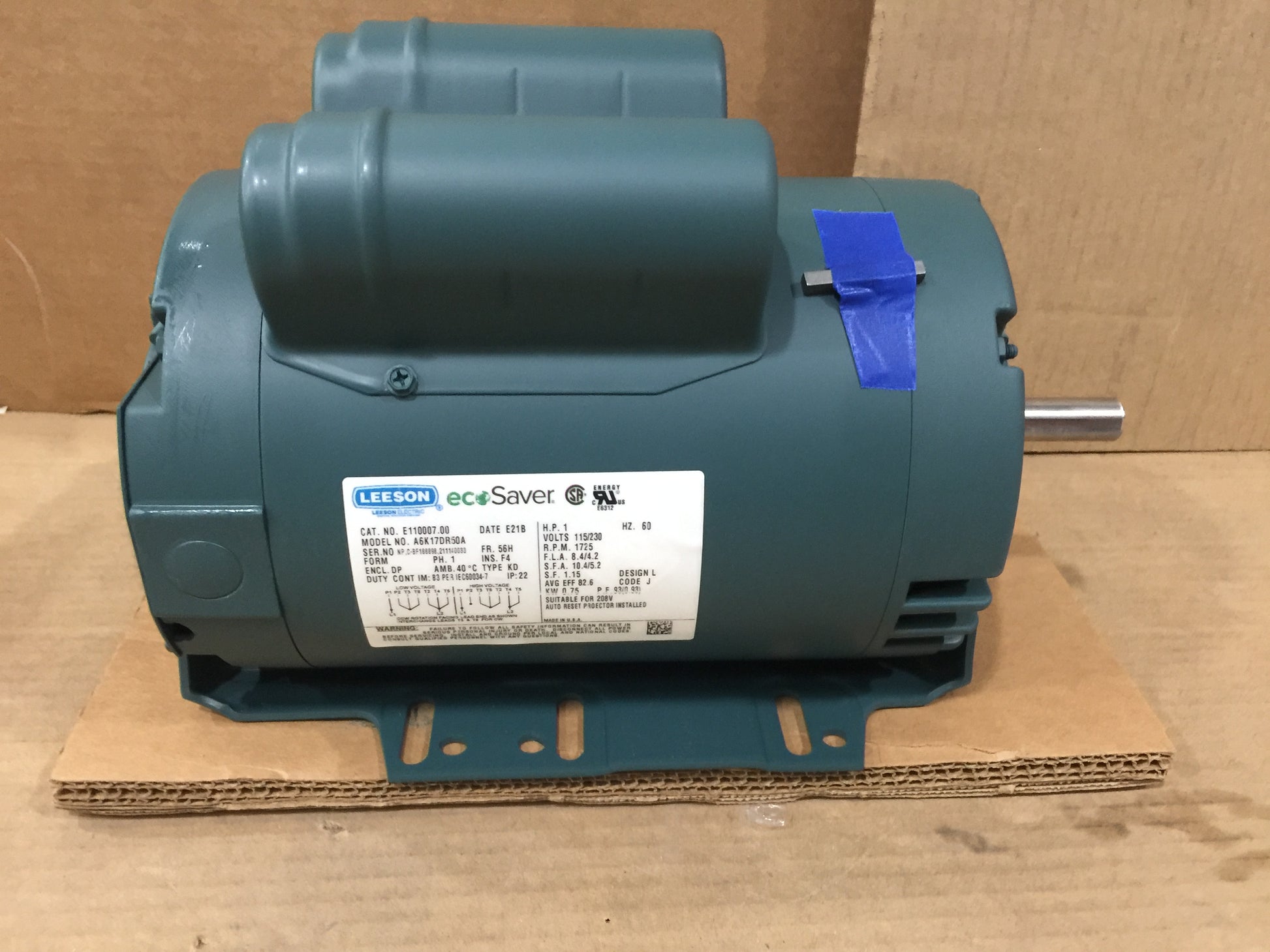 1 HP General Purpose ecoSaver Motor; 115/230/60/1, 1725 RPM