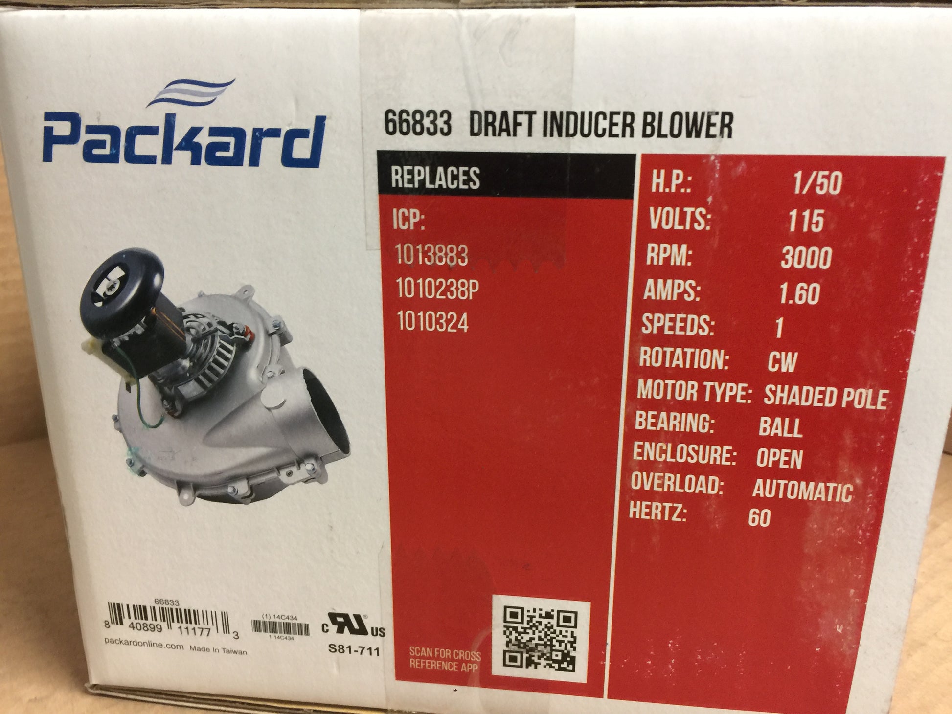 1/50 HP DRAFT INDUCER BLOWER; 115V, 60HZ 