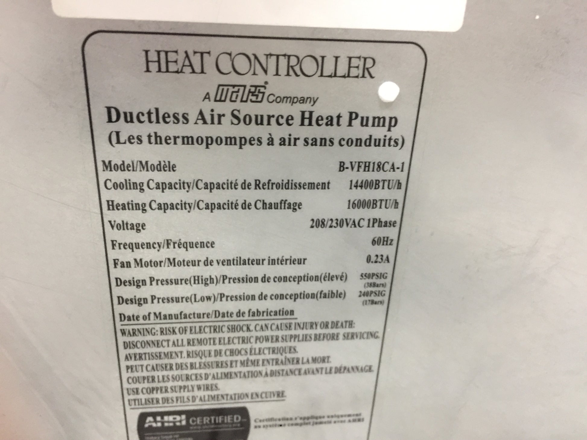 18,000 BTU DUCTLESS INDOOR MINI-SPLIT MULTI-ZONE CEILING CASSETTE HEAT PUMP WITH INVERTER FLEX TECHNOLOGY; 208-230/60/1, R-410A