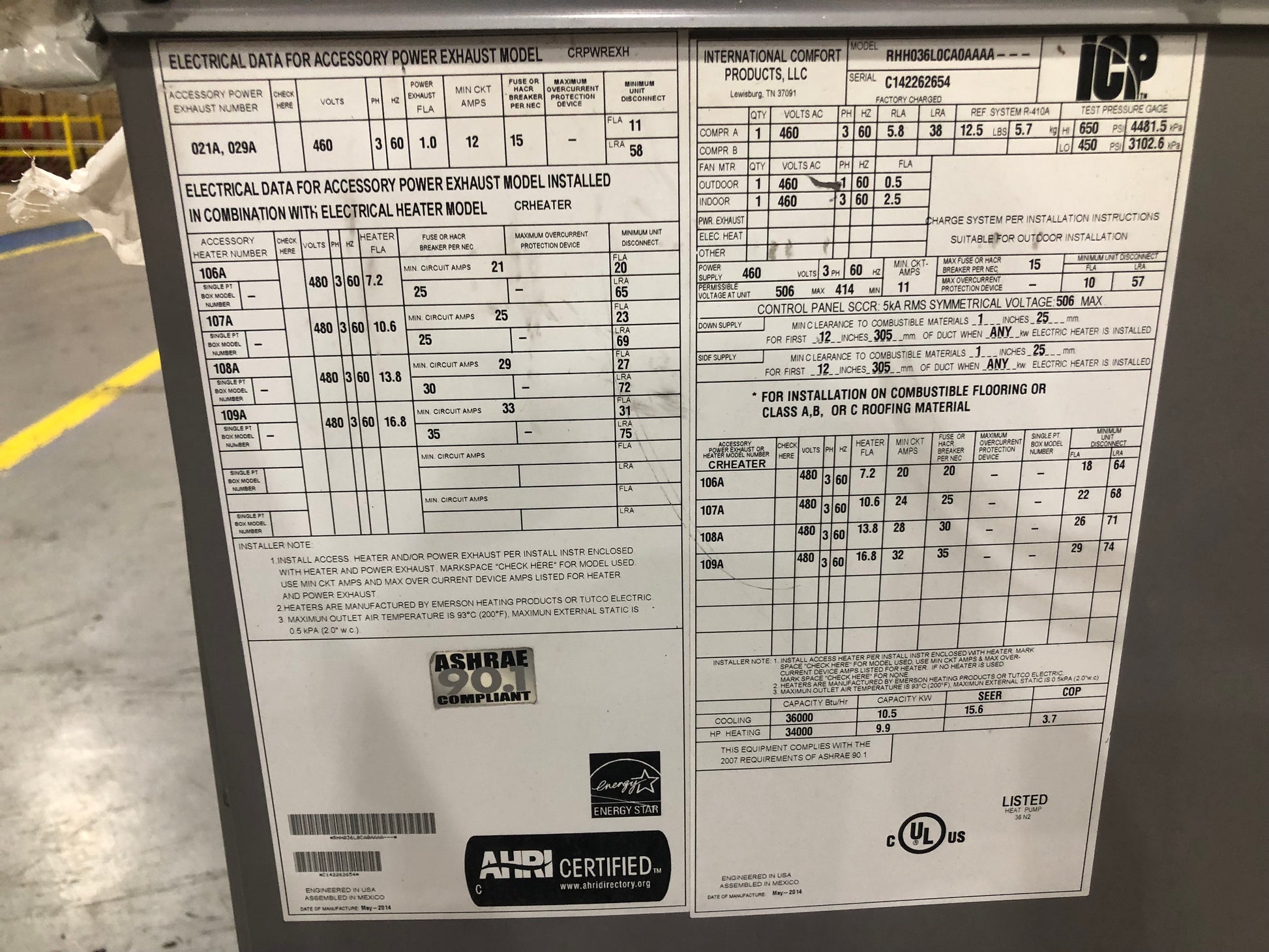 3 TON CONVERTIBLE ELECTRIC PACKAGED HEAT PUMP 15 SEER 460/60/3 R-410A