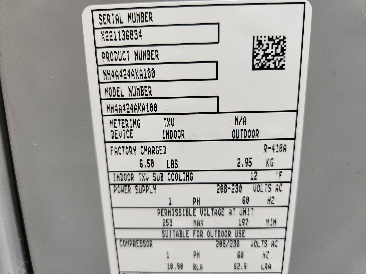 2 TON HORIZONTAL SPLIT-SYSTEM HORIZONTAL AIR CONDITIONER, 14 SEER, 208-230/60/1, R410A