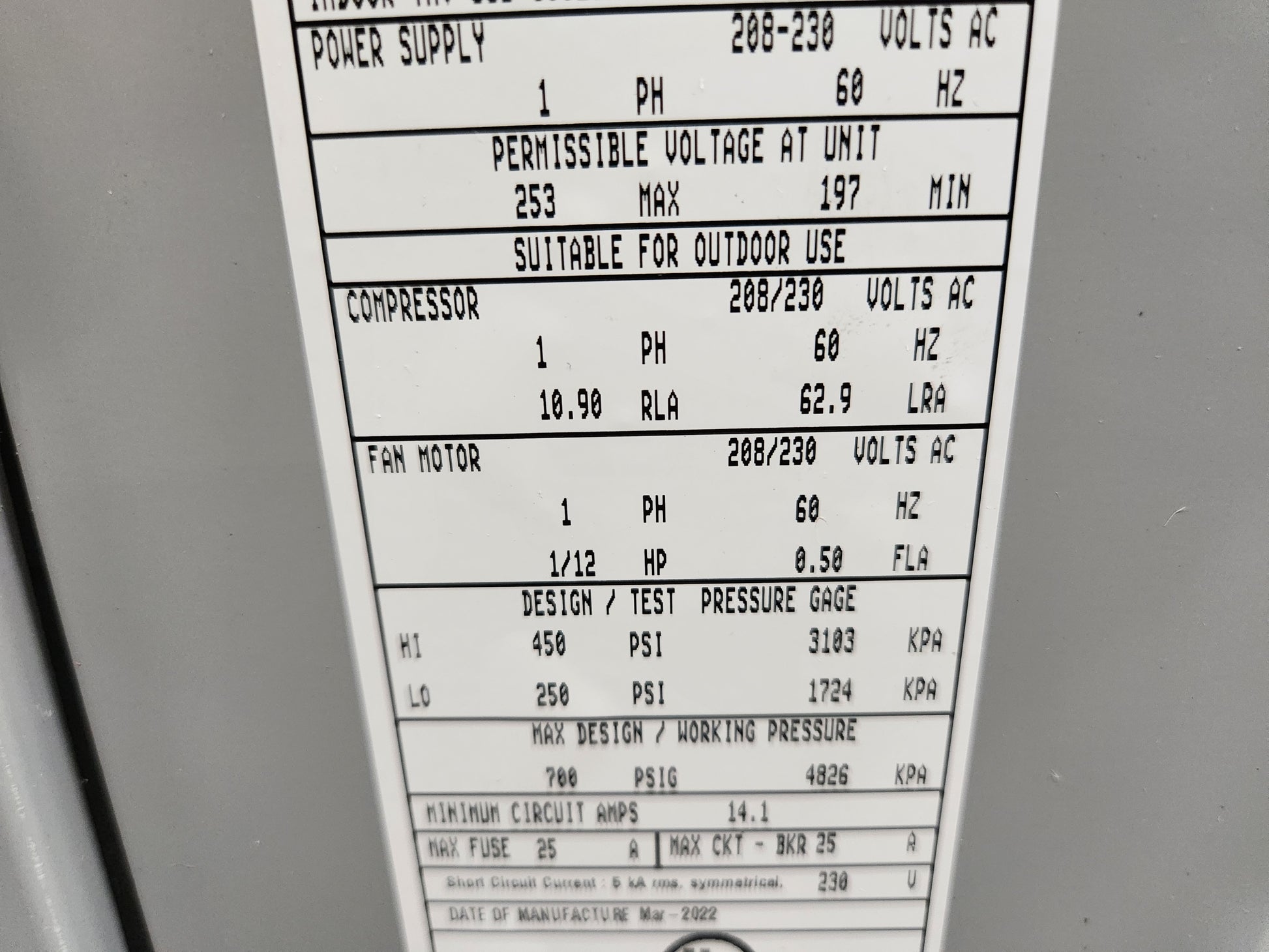 2 TON HORIZONTAL SPLIT-SYSTEM HORIZONTAL AIR CONDITIONER, 14 SEER, 208-230/60/1, R410A