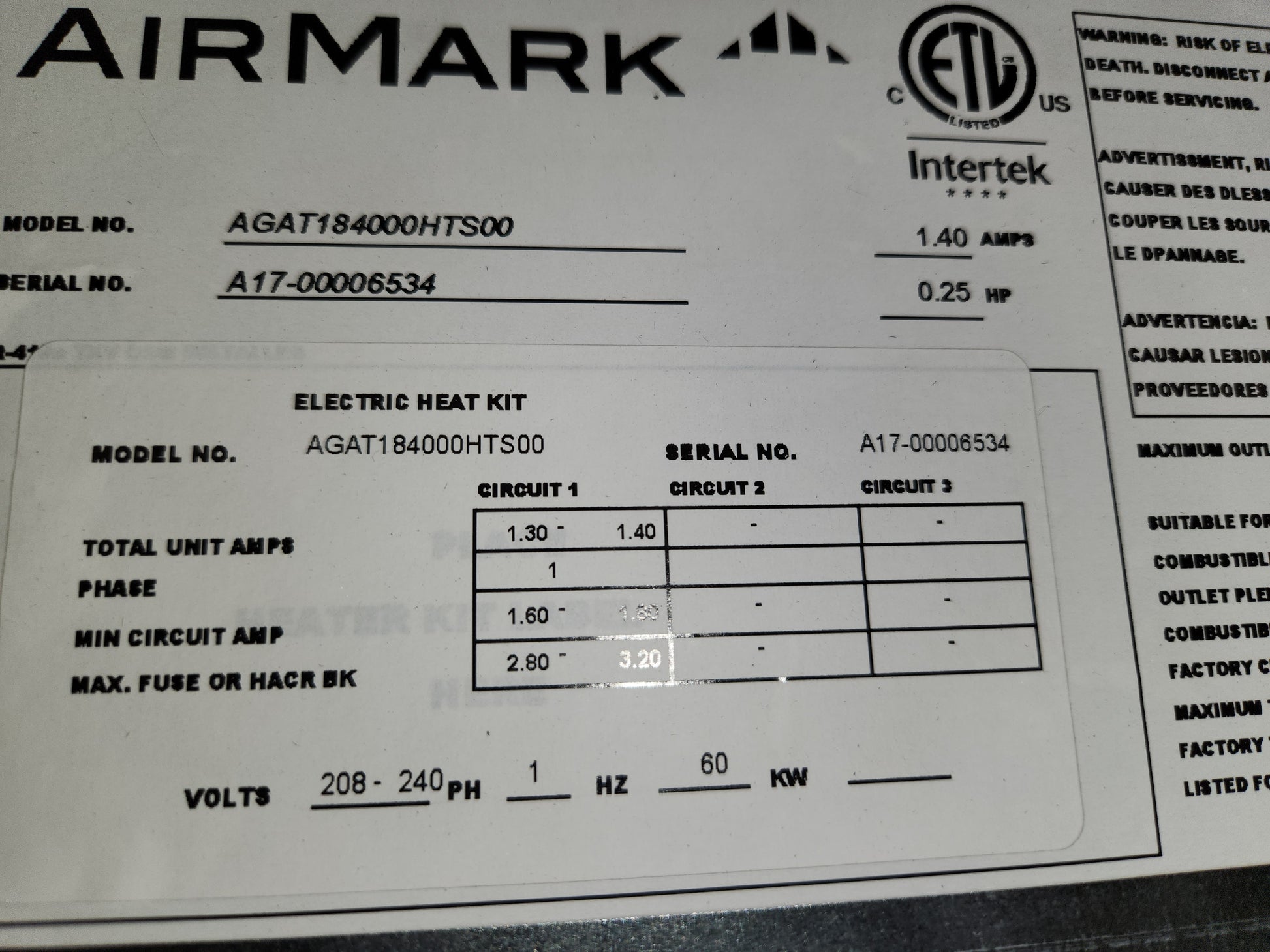 1-1/2 TON AC/HP HORIZONTAL FANCOIL, 208-240/60/1, R410A