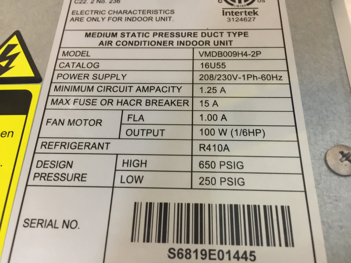 9,000 BTU SINGLE-ZONE MEDIUM STATIC DUCTED INDOOR HEAT PUMP UNIT, SEER 13, 208-230/60/1, R-410A