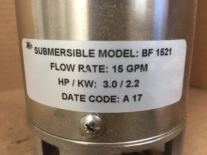 3 HP "PRO SERIES" SUBMERSIBLE BOOSTER PUMP; 15 GPM, 1/3 PHASE, 21 STAGES
