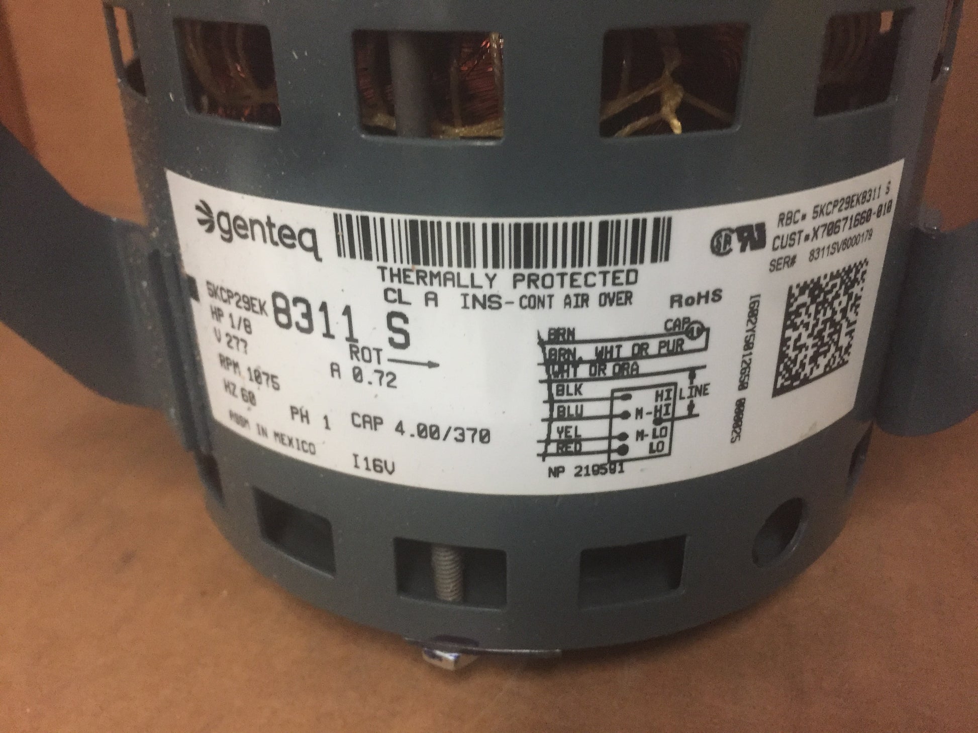 1/8 HP PSC MOTOR 277/60/1 1075 RPM 4 SPEED