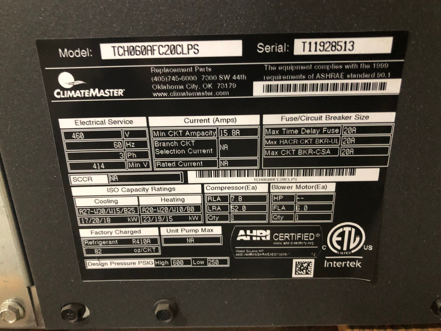 5 TON "TC" SERIES HORIZONTAL GEOTHERMAL INDOOR HEAT PUMP WITH ECM MOTOR, 13.4-19.9 EER 460/60/3 R-410A