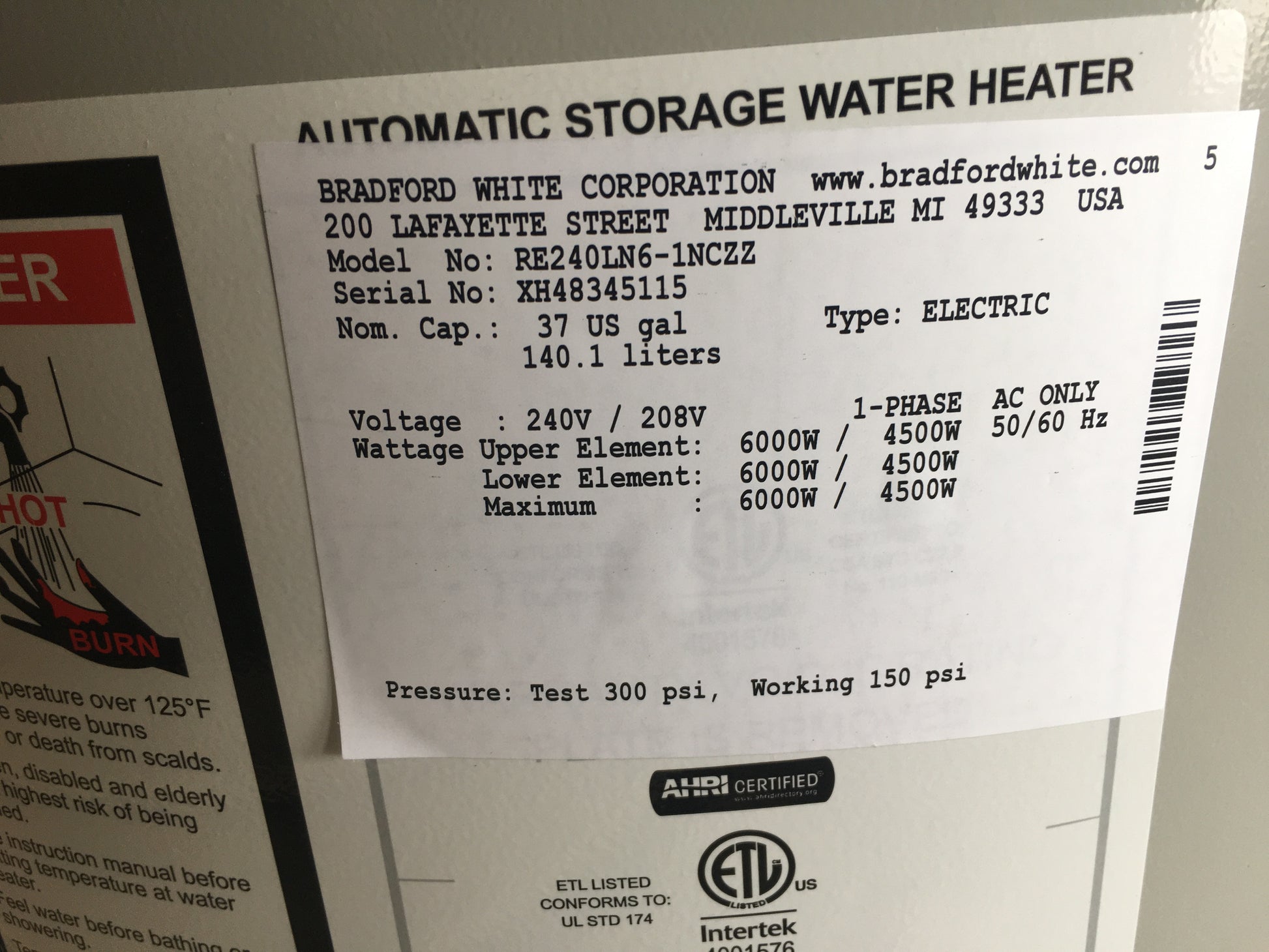 37 GALLON ELECTRIC RESIDENTIAL LOWBOY WATER HEATER; 208-240/50-60/1