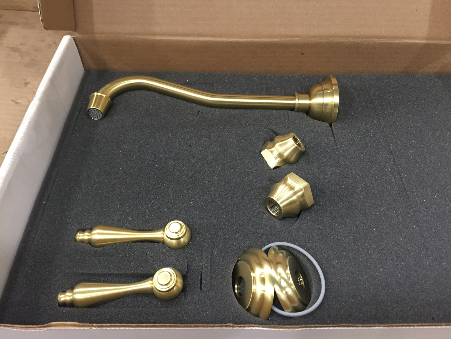 "CHESTERFIELD" SERIES WALL MOUNT BATHROOM FAUCET; SATIN BRASS