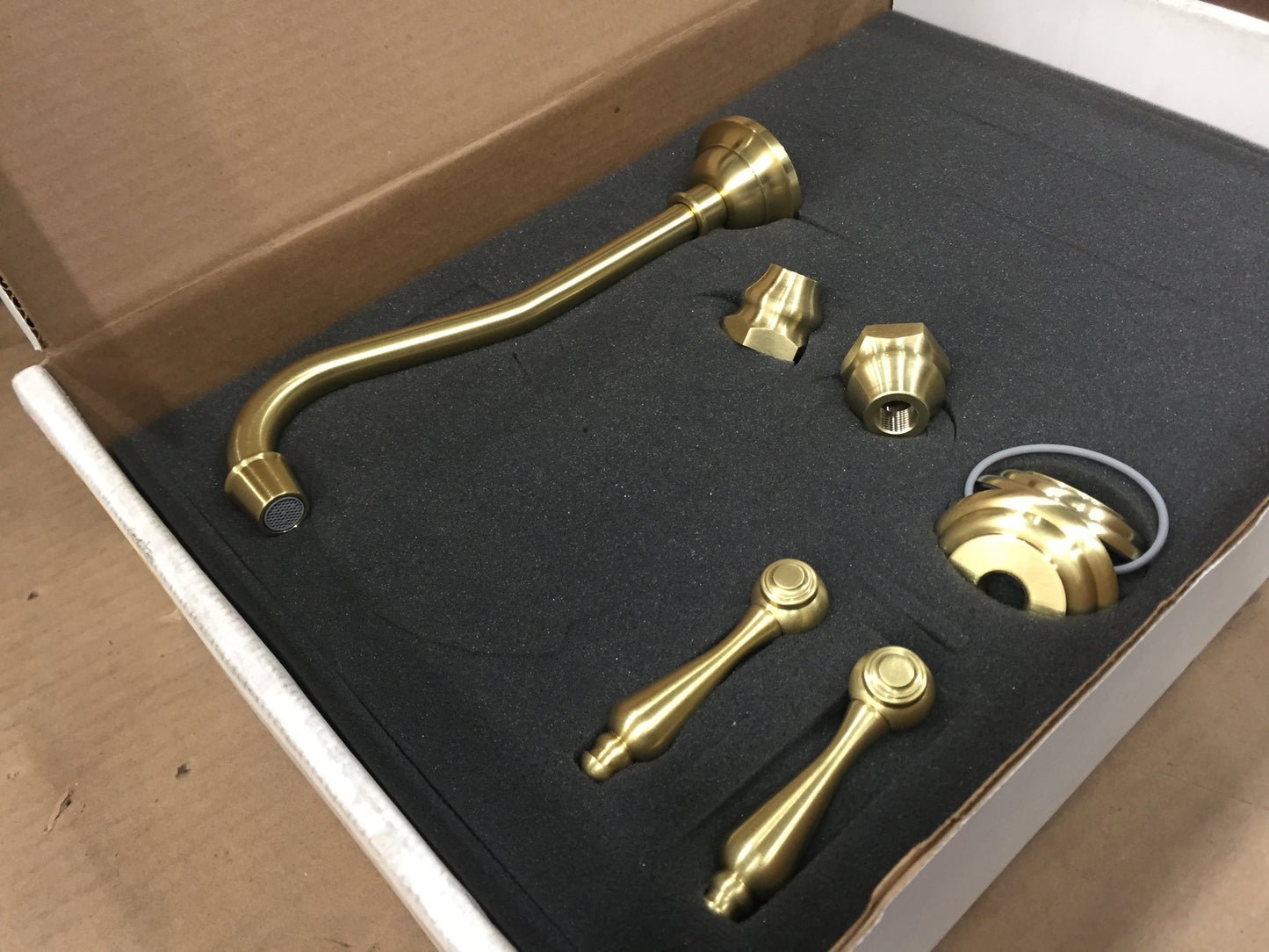 "CHESTERFIELD" SERIES WALL MOUNT BATHROOM FAUCET; SATIN BRASS