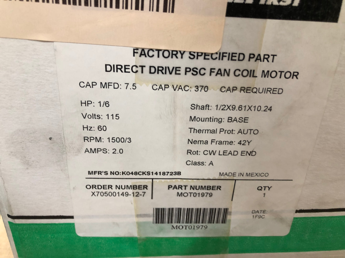 1/6 HP DIRECT DRIVE FAN COIL MOTOR 115/60/1 1500 RPM 3 SPEED