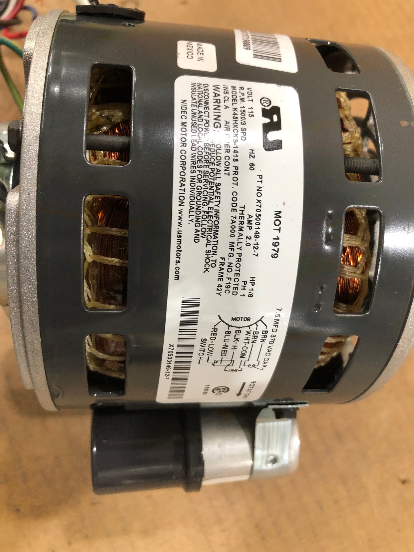 1/6 HP DIRECT DRIVE FAN COIL MOTOR 115/60/1 1500 RPM 3 SPEED