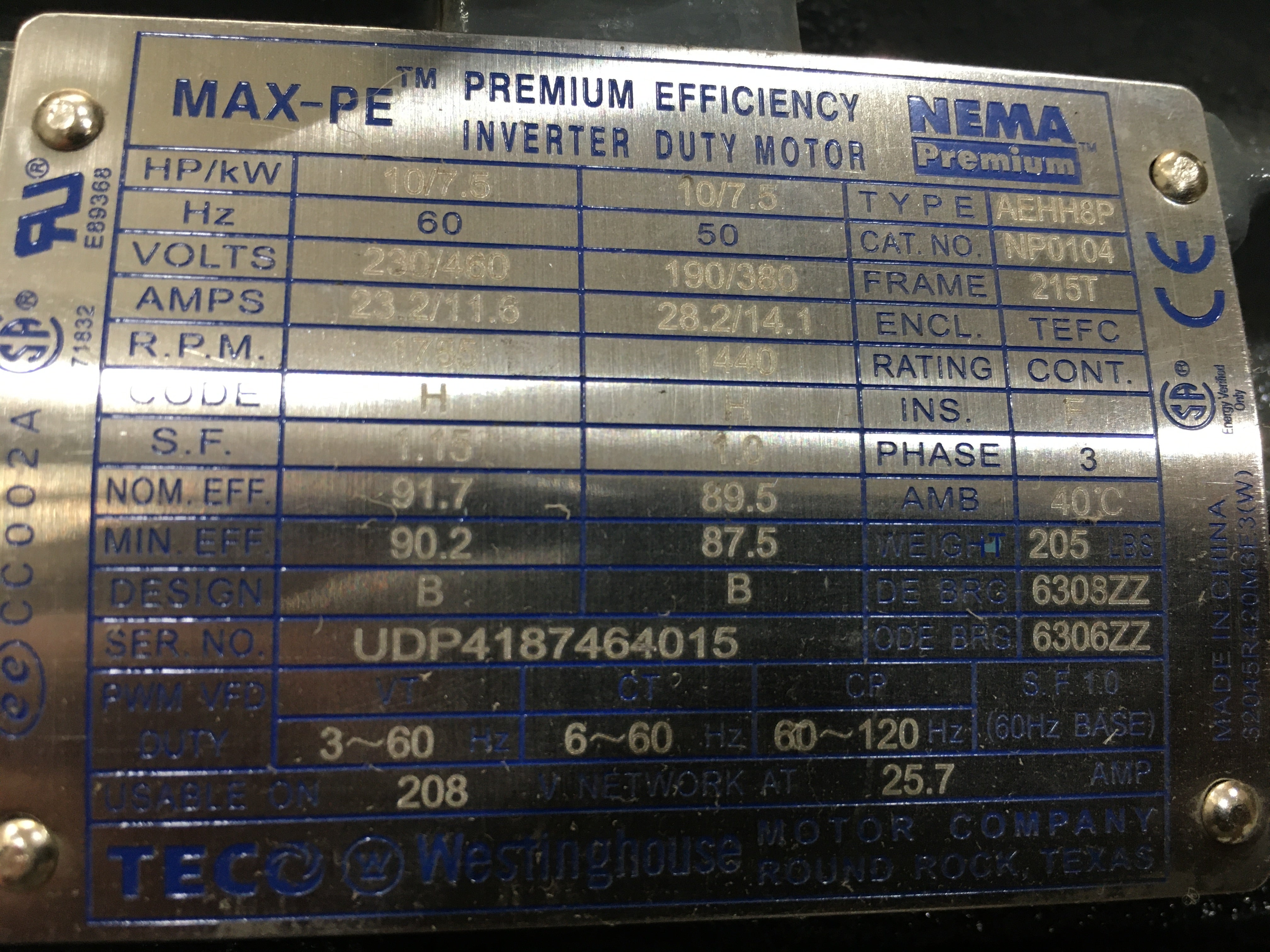 10 HP Prem Efficiency Hazardous Location Inverter Duty Motor 230