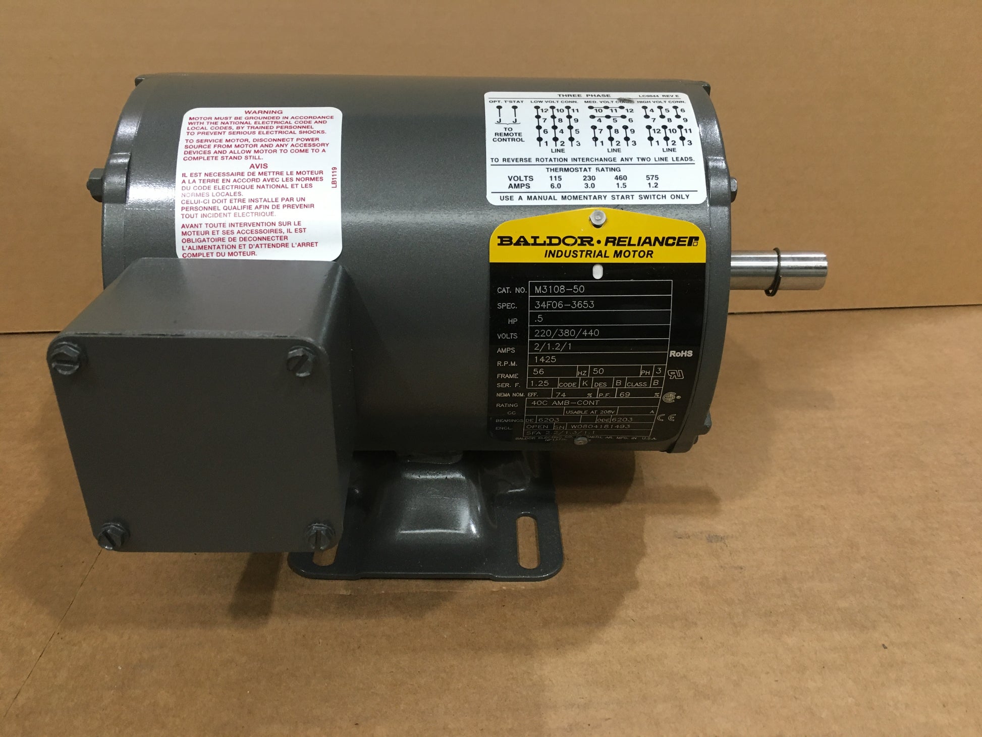 1/2 HP INDUSTRIAL MOTOR 220-380-440/50/3 1425 RPM 1 SPEED