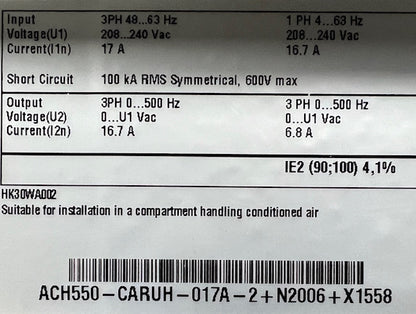 5 HP VARIABLE FREQUENCY DRIVE, VOLTS:208/240, HERTZ:48-63, CURRENT 17 A, PH 1