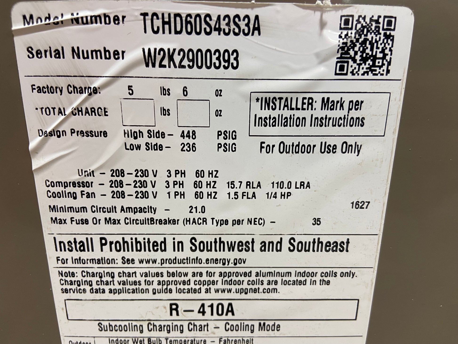 5 TON AC/HP HORIZONTAL DISCHARGE NON-COMMUNICATING SPLIT SYSTEM AIR CONDITIONER, 13 SEER, 208-230/60/3, R-410A