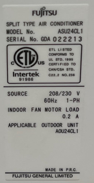 24,000 BTU INDOOR MINI-SPLIT AC ONLY UNIT W /HALCYON INVERTER,  VOLTS:208-230,  HERTZ:60, PHASE:1, SEER 17