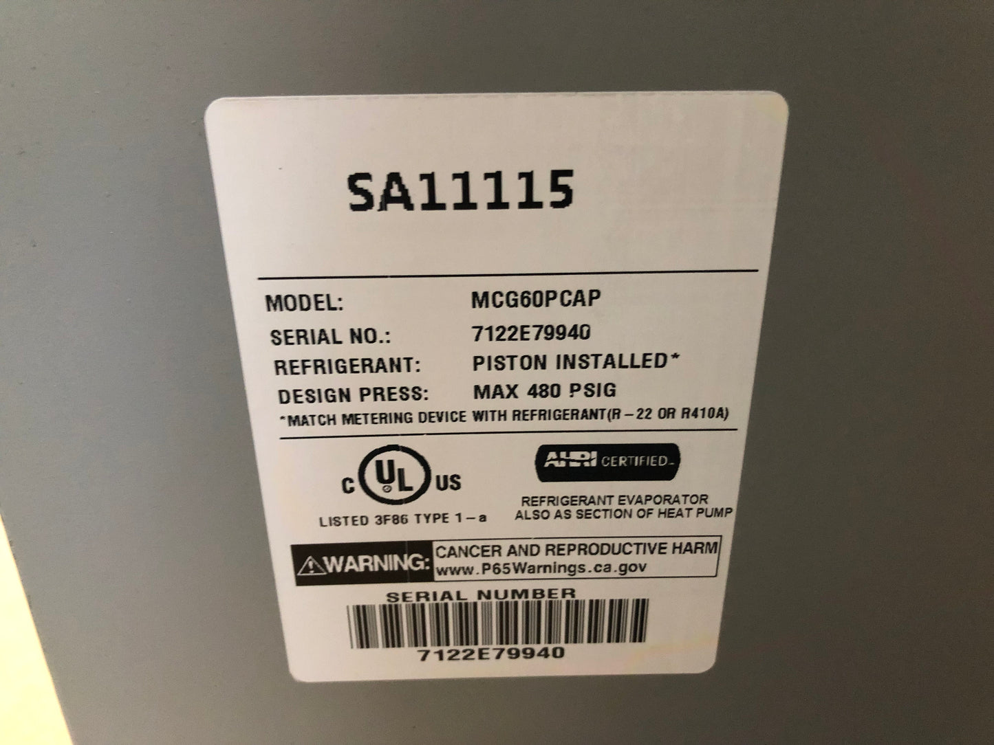 5 TON AC/HP MULTIPOSITION CASED "A" COIL, R-410A CFM 2000