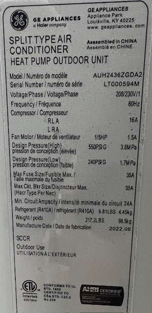 3 TON HEAT PUMP 208-230/60/1 R401A 20 SEER