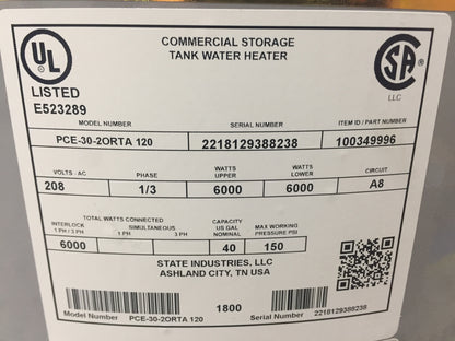 40 GALLON PATRIOT COMMERCIAL ALUMINUM ELECTRIC HOT WATER HEATER WITH 2 ELEMENTS 208V-1/3 PHASE,6000 WATTS