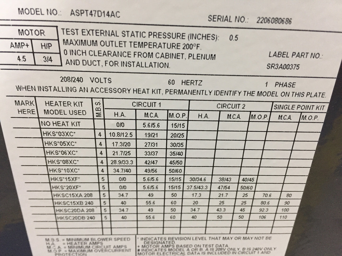 3.5 TON AC/HP ASPT Series MULTI-POSITION VARIABLE SPEED ECM AIR HANDLER 208/230/60/1 R-410A CFM 1720 13 SEER