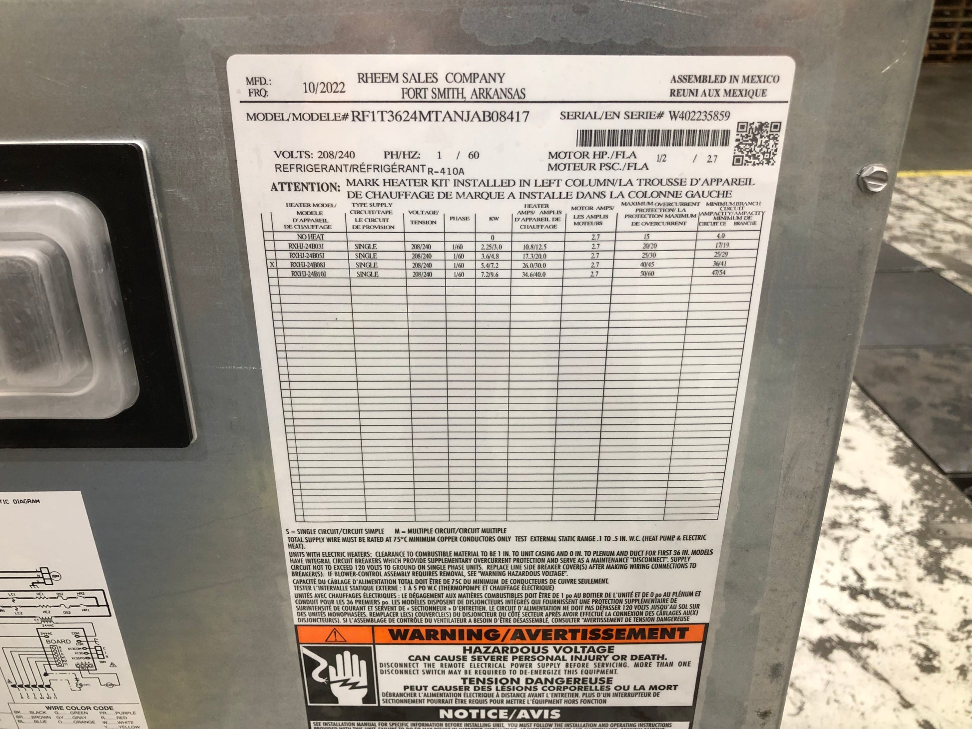 3 TON AC/HP WALL MOUNTED UPFLOW VARIABLE SPEED ECM FANCOIL WITH 8 KW HEAT KIT 200-230/60/1 R-410A CFM 1200 SEER-16