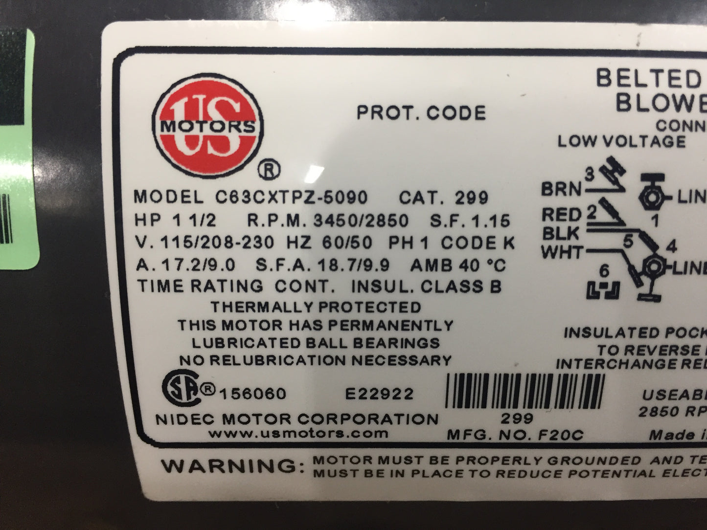 1.5 HP GENERAL PURPOSE ELECTRIC MOTOR; 115/208-230V, 50/60HZ, 1 PHASE, 3450 RPM, 1 SPEED