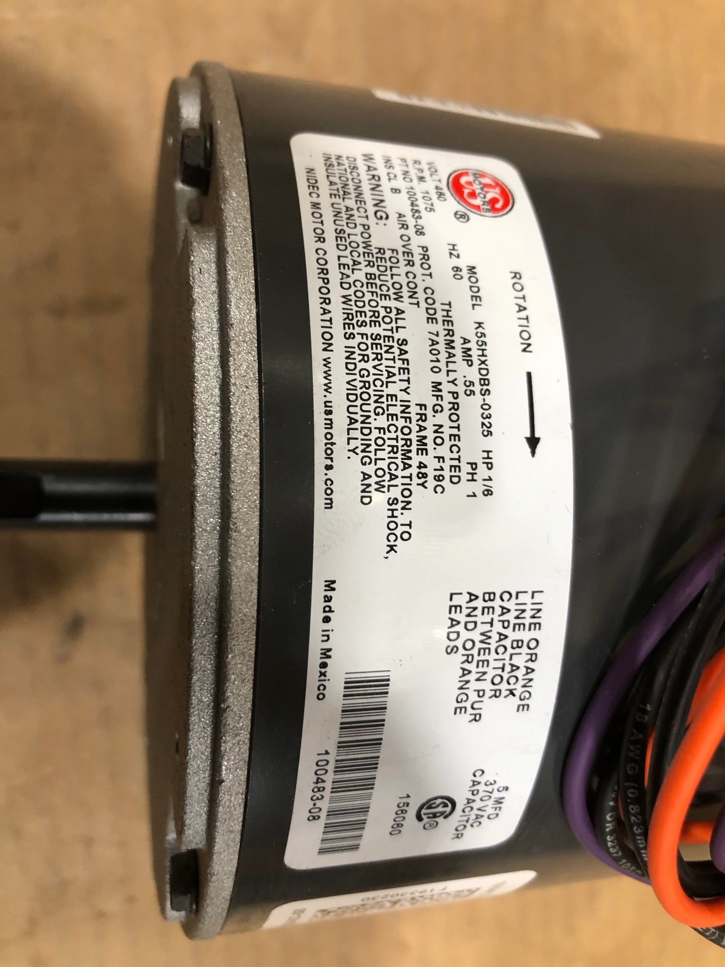 1/6 HP CONDENSOR FAN MOTOR 460/60/1 1075 RPM 1 SPEED