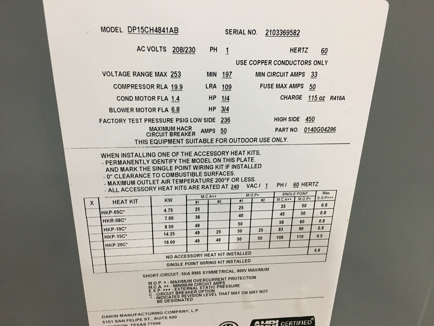 4 TON 1-STAGE HORIZONTAL PACKAGED AIR CONDITIONING UNIT, 15 SEER, 208-230/60/1, R-410A