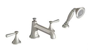 FITZGERALD DECK MOUNT 2 HANDLE BATHTUB FAUCET WITH HAND SHOWER, BRUSHED NICKEL