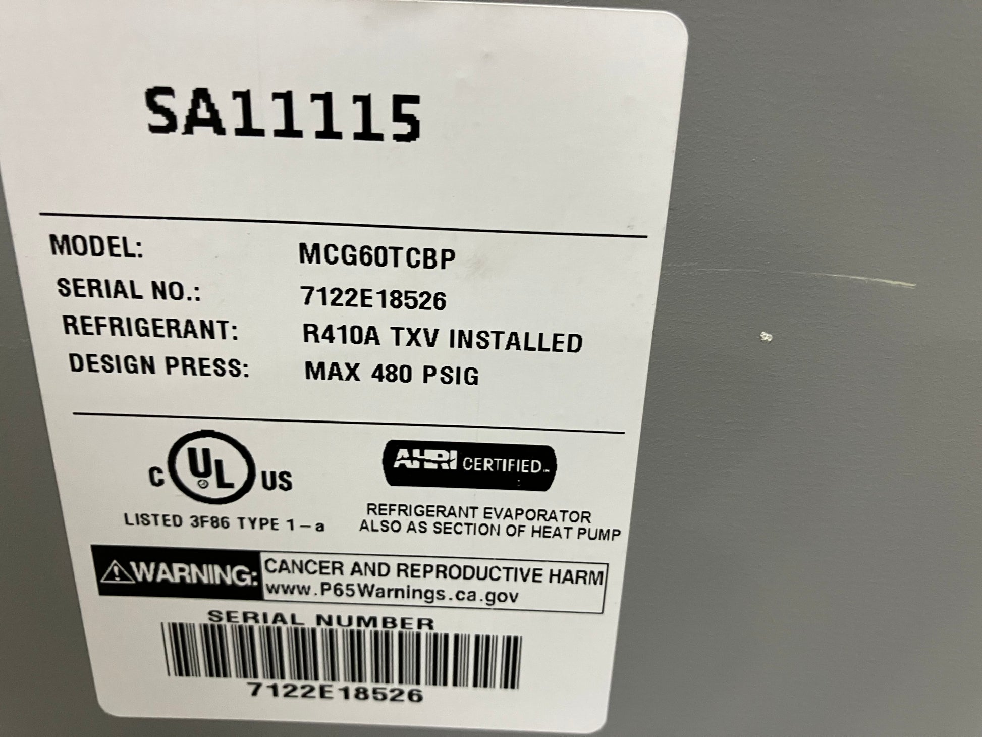 5 TON AC/HP MULTIPOSITION CASED "A" COIL, R-22/R-410A CFM 2000