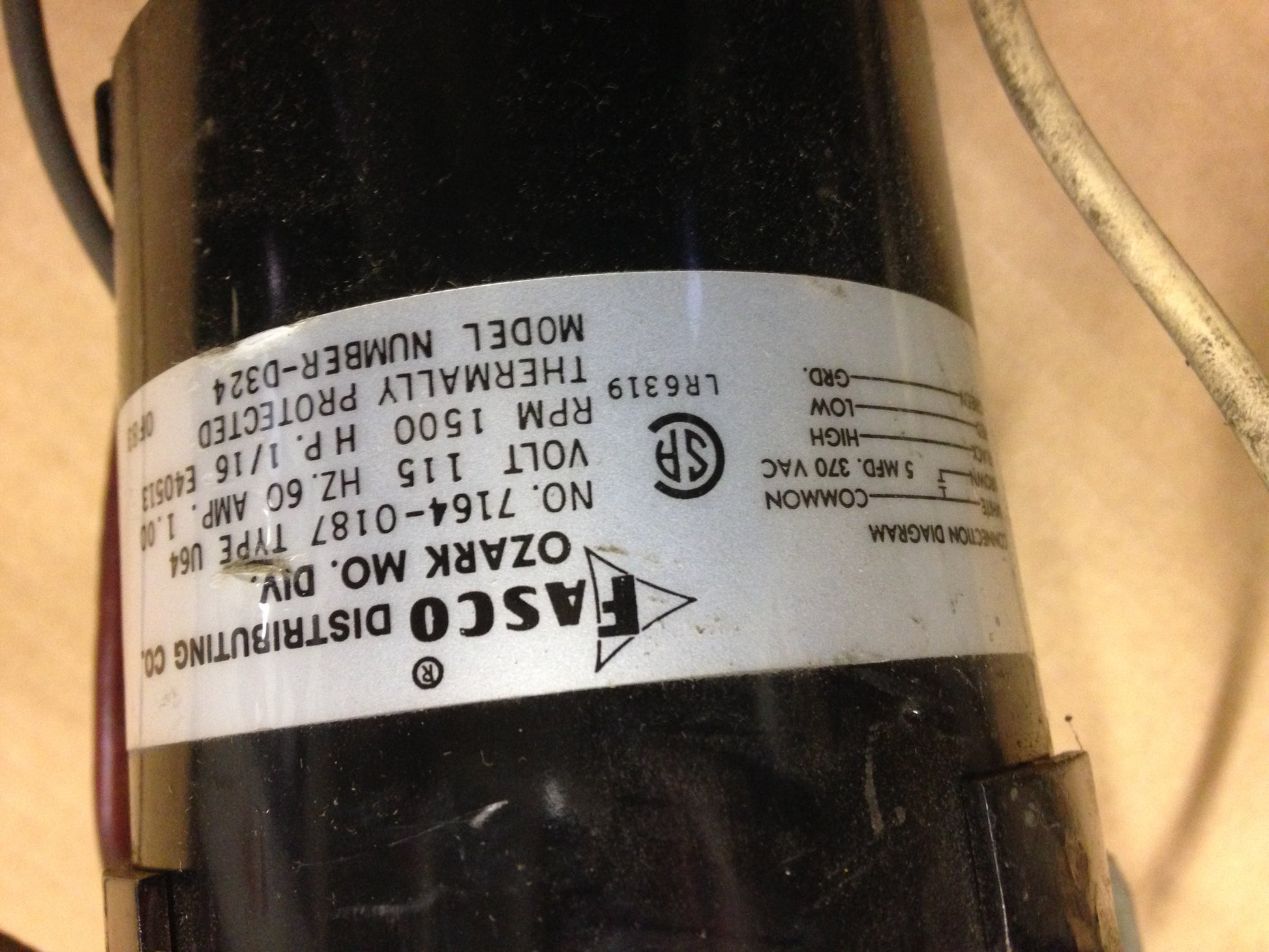 1/16HP ELECTRIC MOTOR, 115/60/1, RPM:1500, 2 SPEED