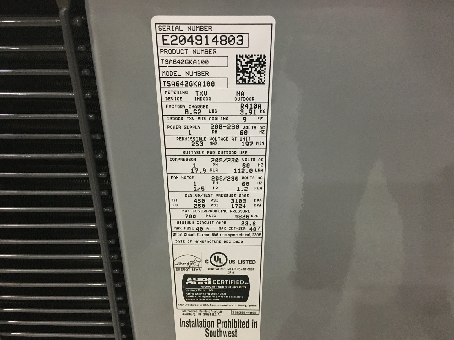 3 1/2 TON SPLIT SYSTEM SINGLE STAGE COMMUNICATING AIR CONDITIONER, 16 SEER, R410A, 208/230-1-60