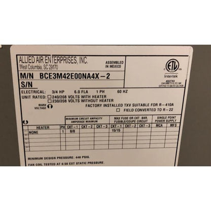 3-1/2 TON AC/HP CONSTANT TORQUE UPFLOW/HORIZONTAL FANCOIL WITH 10KW HEAT KIT, 208-240/60/1 R-410A CFM:1600