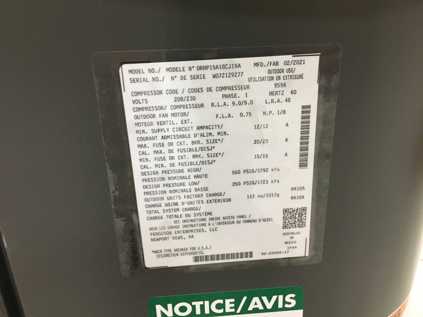 1.5 TON SPLIT SYSTEM HEAT PUMP 208-230/60/1 15 SEER R-410A