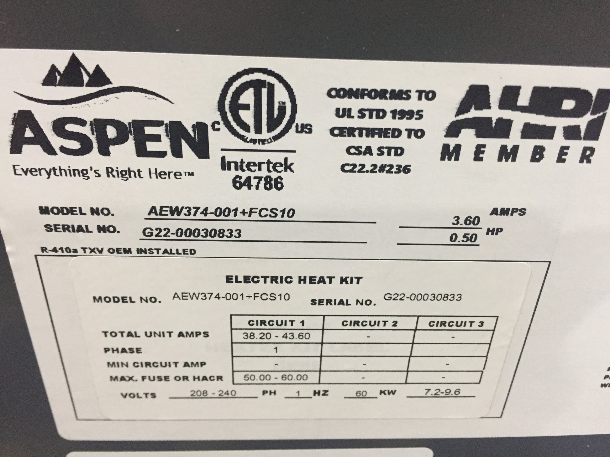 3 TON AC/HP VERTICAL WALL MOUNT AIR HANDLER WITH 10 KW ELECTRIC HEAT; 208-240/60/1, R-410A, 1200 CFM