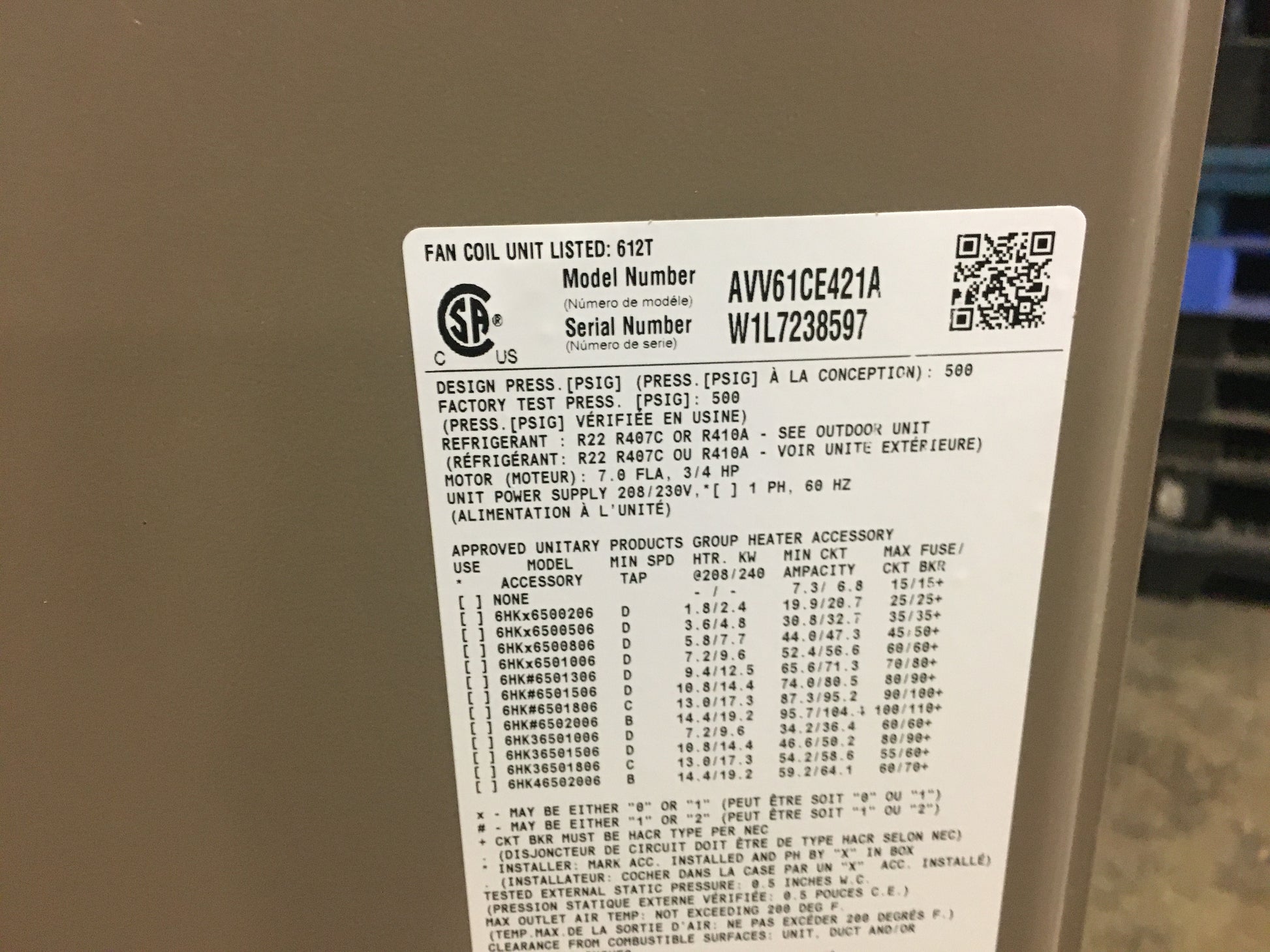 5 TON AC/HP ECM AIR HANDLER 208-230/60/1 R-22 /R-410A CFM 1825 