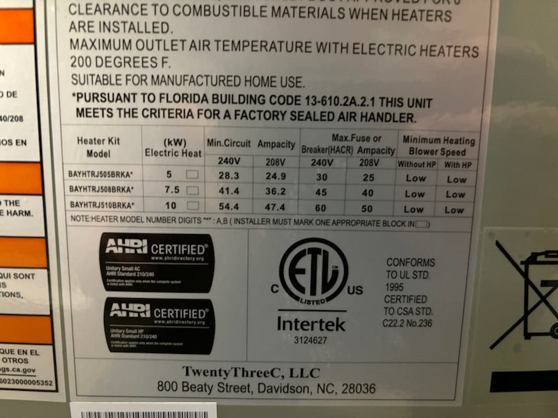 3 TON AC/HP PSC UPFLOW WALL MOUNTED FAN COIL 208-230/60/1 R-410A CFM 1397