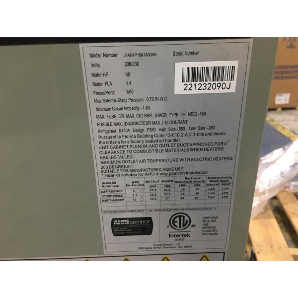 1.5 TON AC/HP MULTI-POSITION 3 SPEED PSC FANCOIL WITH 8 KW HEAT 200-230/60/1 R-410A CFM 800