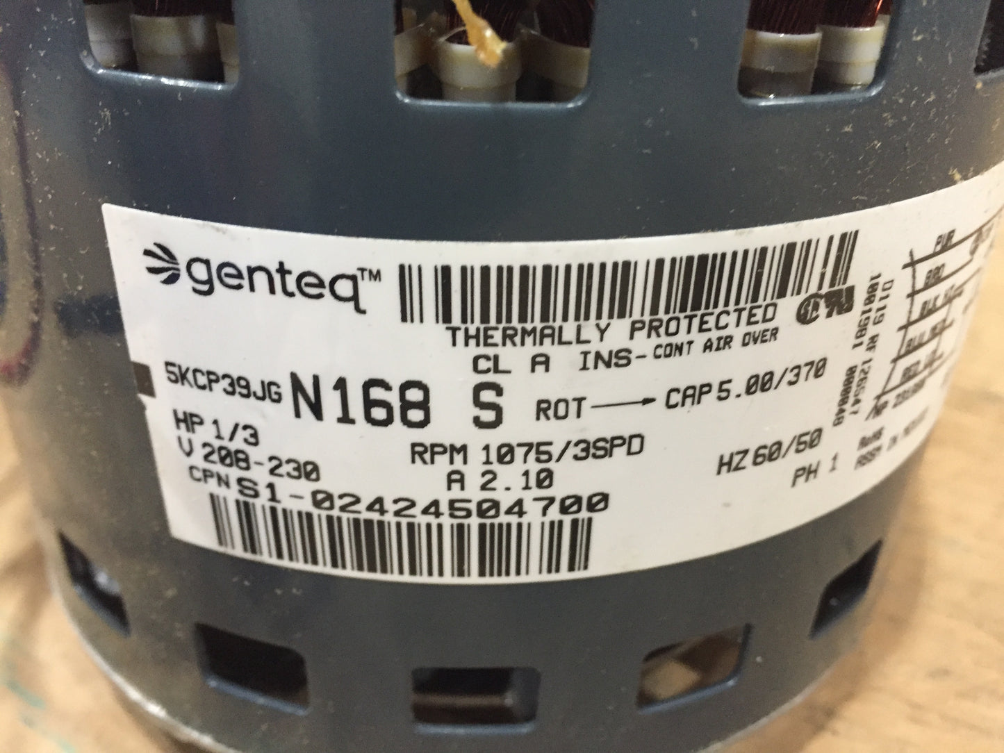 1/3 HP BLOWER MOTOR; 208-230/60/1, 1075 RPM, 3 SPEED