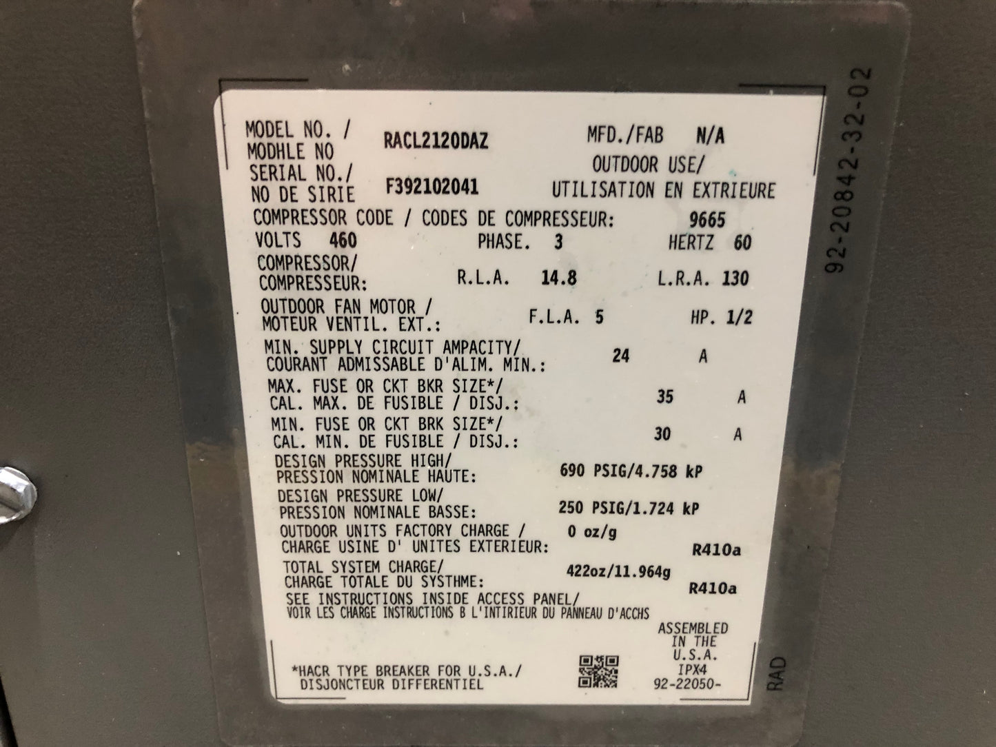 10 TON TWO STAGE COMMERCIAL AIR CONDITIONER 460/60/3 R-410A 13 SEER