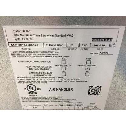 1.5 TON AC/HP ECM MULTIPOSITION FAN COIL WITH 5 KW HEAT KIT, 208-230/60/1 R-410A CFM 860