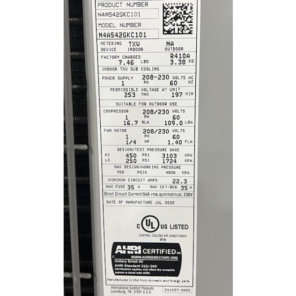3.5 TON 14 SEER AIR CONDITIONER WITH 3.5 TON UPFLOW/HORIZONTAL AIR HANDLER 208-230/60/1
