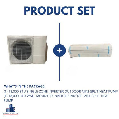 18,000 BTU SINGLE ZONE INVERTER MINI SPLIT HEAT PUMP SET, 19 SEER, R-410A, 208-230/60/1