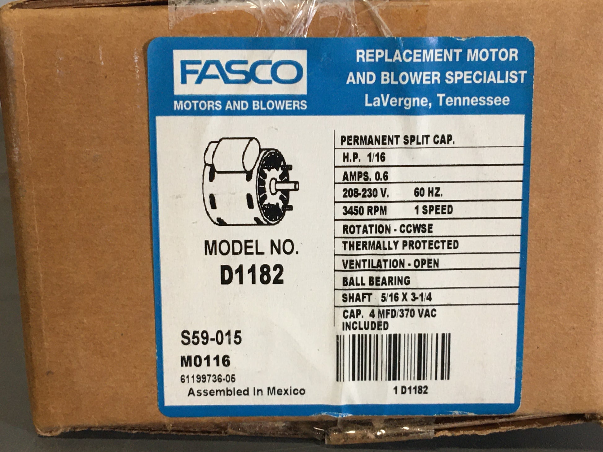 1/16HP Draft Inducer Motor  208-230/60/1  RPM:3450/1-Speed