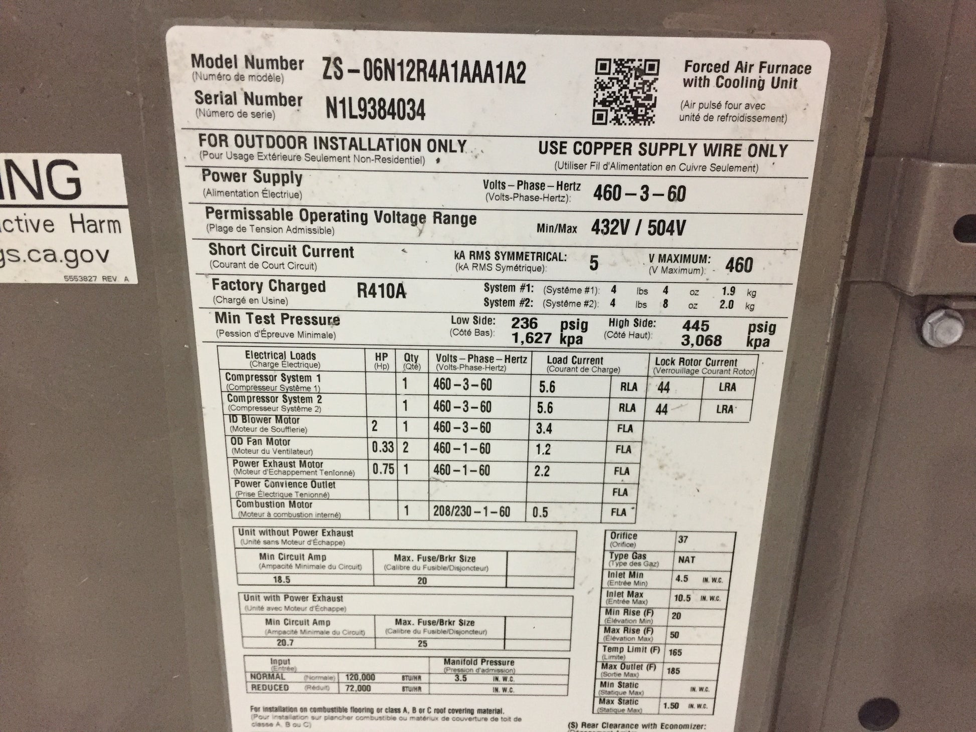 6.5 TON CONVERTIBLE NATURAL GAS/ELECTRIC PACKAGED UNIT, 12.4 EER, 460/60/3, R-410A, 80% 