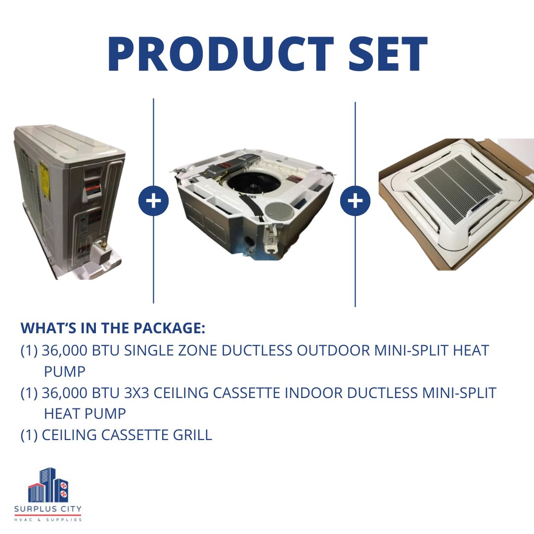 36,000 BTU MINI-SPLIT HEAT PUMP SET WITH CASSETTE INDOOR AND GRILL, 208-230/60/1 17.5 SEER