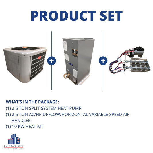 2.5 TON 14 SEER HEAT PUMP WITH 2.5 TON AIR HANDLER AND 10 KW HEAT KIT, 208-230/60/1